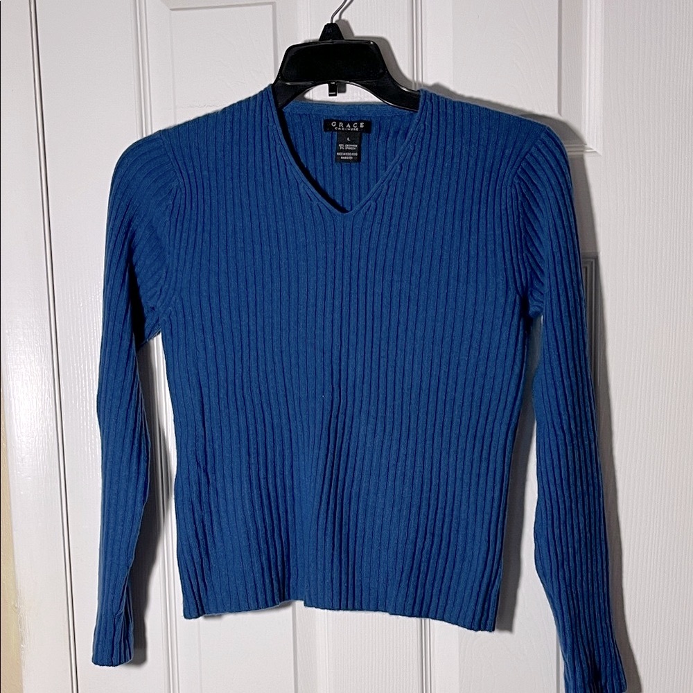 GRACE Cashmere Y2K ribbed pullover v neck sweater long sleeve Royal blue Large